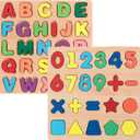 Wooden Puzzles for Toddlers, 2pack Alphabet Shape Puzzles for Kids Wooden Montessori Toddler Alphabet Number Shape for Kids 3 Years Old Boys & Girls