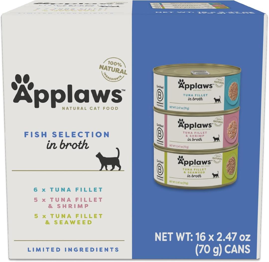 Applaws Natural Wet Canned Cat Food, Limited and Natural Ingredients, High Protein with No Artificial Additives, Fish Selection Variety Pack in Broth (16 x 2.47oz Cans) (EXP 05/31/28)