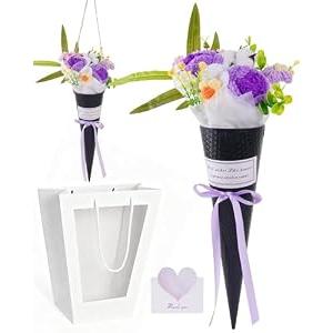 Cudroza Crochet Flower Bouquet Handmade, Knitted Purple and White Roses Ice Cream Bouquet, Crochet Yarn Flowers for Her Girlfriend Daughter Friend, Party Graduation Mother's Day Christmas Decor