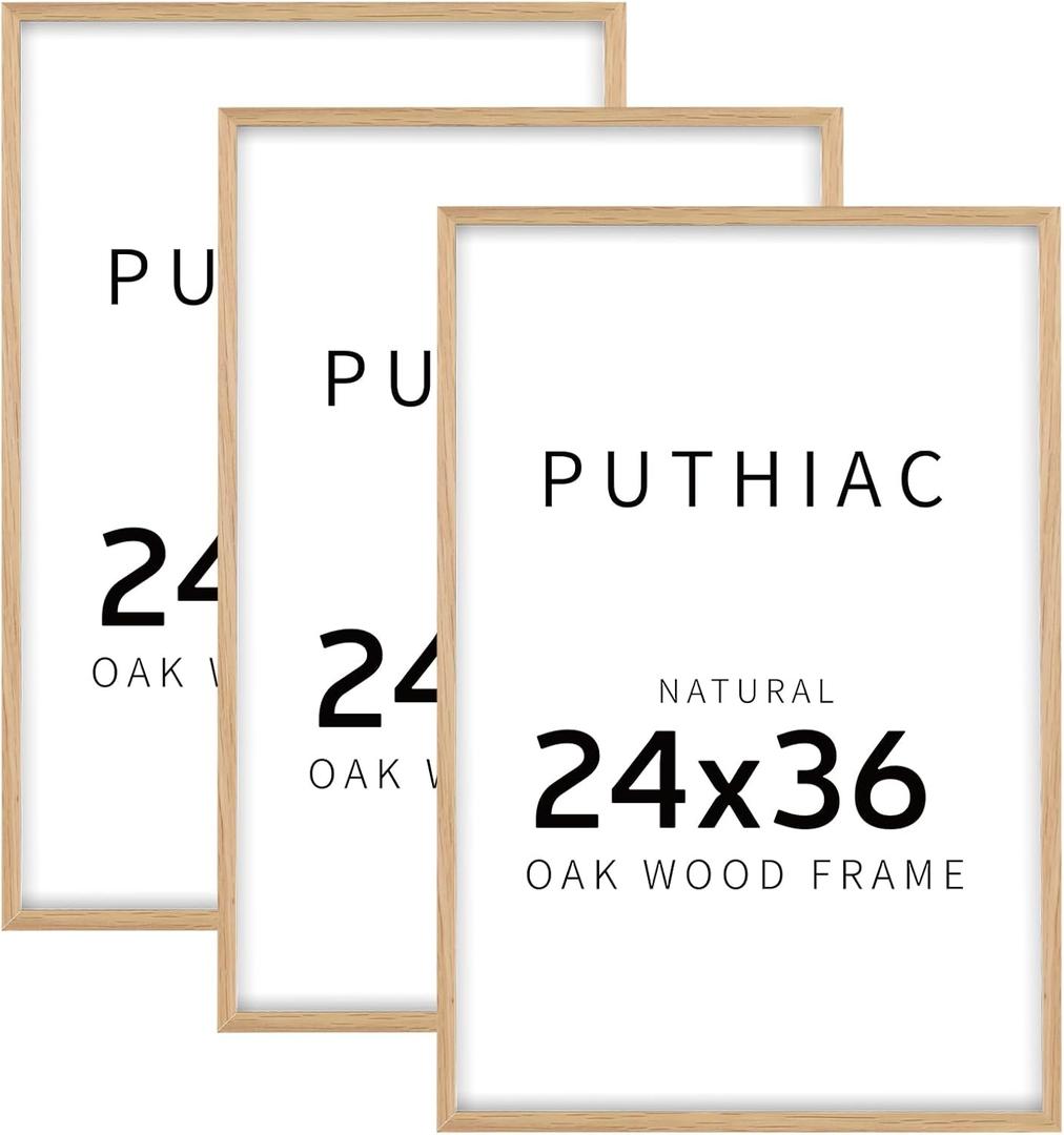 puthiac 24x36 Oak Wood Picture Frames -24"x36" Poster Frames for Wall, 24x36 Picture Frames for Wall, 24 x 36 Picture Frames, 24 x 36 Frames for Wall(3 Pack, Beige)