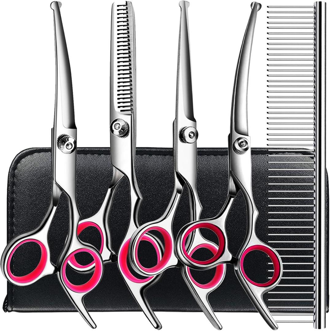 6 in1 Professional Dog Grooming Scissors Kit, Dog Shears for Grooming with Safety Round Tips, Titanium Coated Grooming Scissors for Dogs Cat Pet At Home