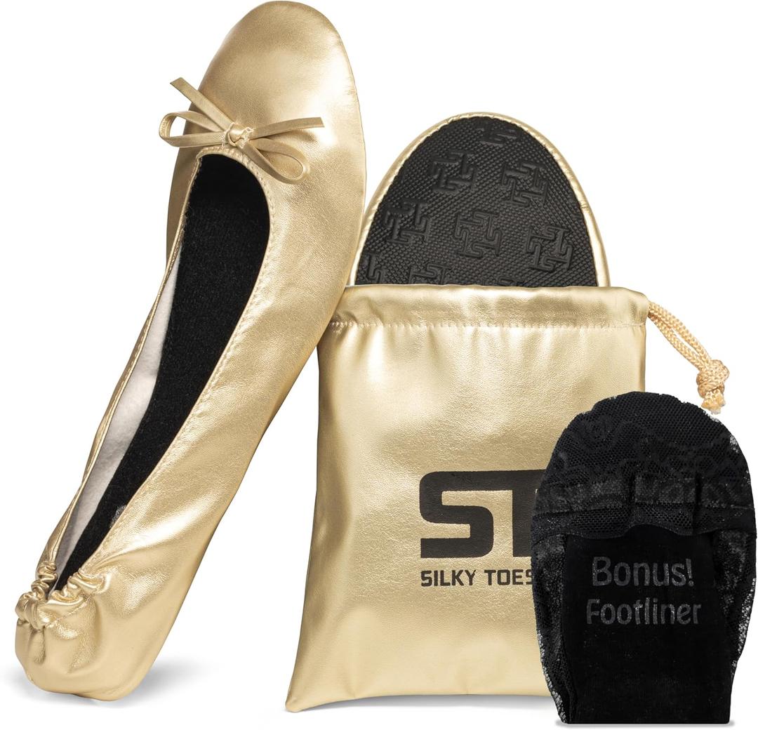 Silky Toes Foldable Flats for Women Purse Ballet Shoes Ballerina Slippers (Medium, Gold New)