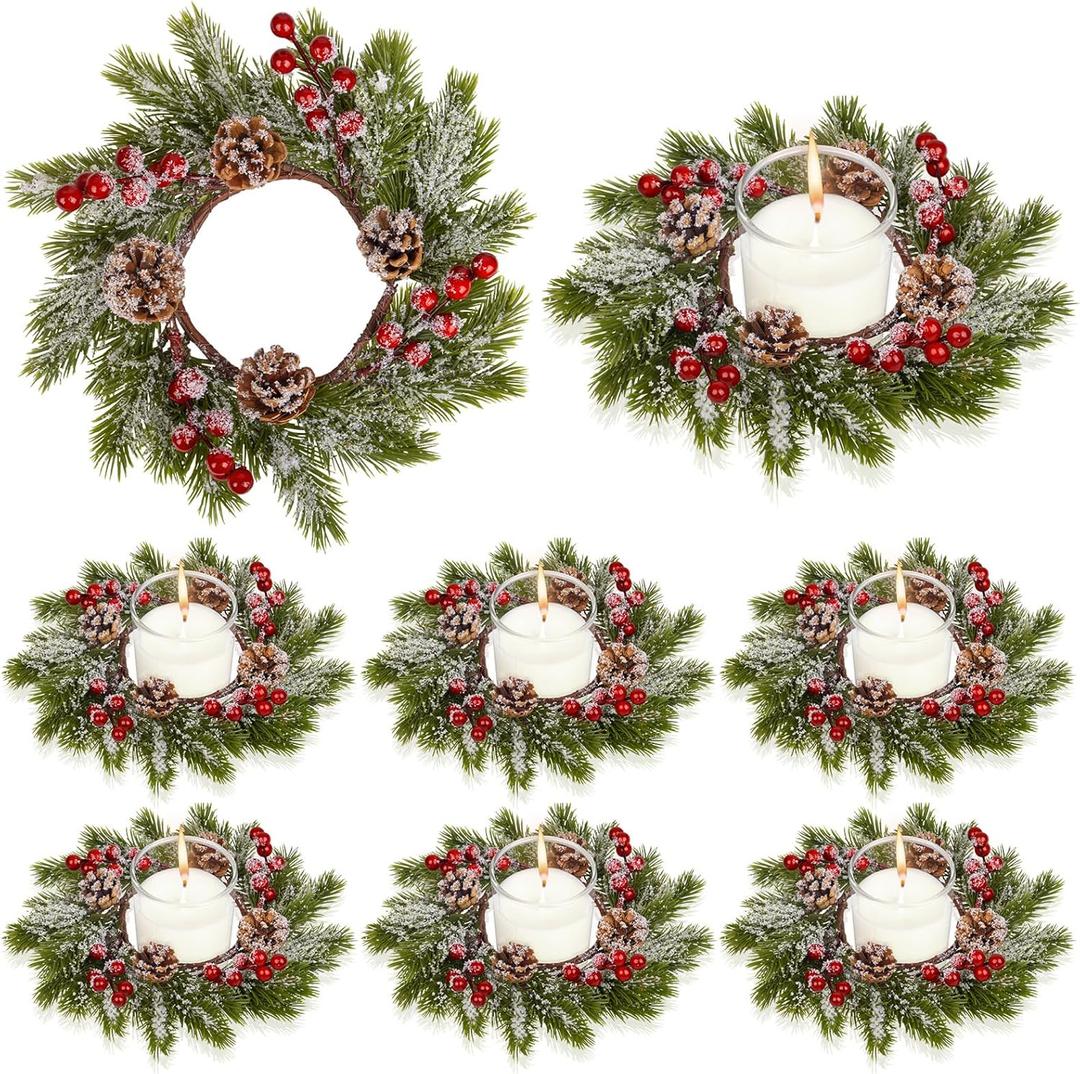 8 Pcs Christmas Candle Rings Mini Wreaths, Artificial Red Berries Snowy Pine Needles Pinecones Garland Candle Rings Holder for Christmas Table Centerpieces Door Window Wedding Party Decor (Green)