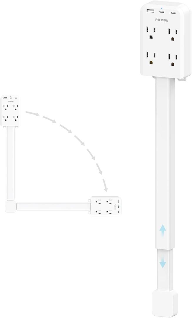 Electrical Outlet Extender Stick with USB Ports(2 USB C), 180 Rotating Extendable Wall Plug with 4 AC Outlet, Adjustable 17.7"-27" Extendable Power Strip Stick for Behind Couch, Desk and Bed