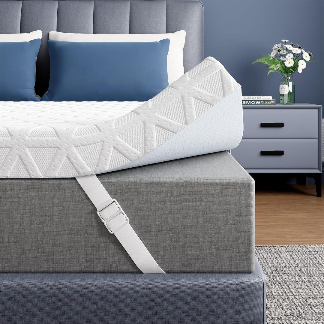 ELEMUSE 3 Inch Queen Size Gel Memory Foam Mattress Topper, Cooling Ice Silk | Removable & Washable Cover, Mattress Topper for Back Pain Relief, High Density Cooling Pad, Adjustable Strap & Non-Slip