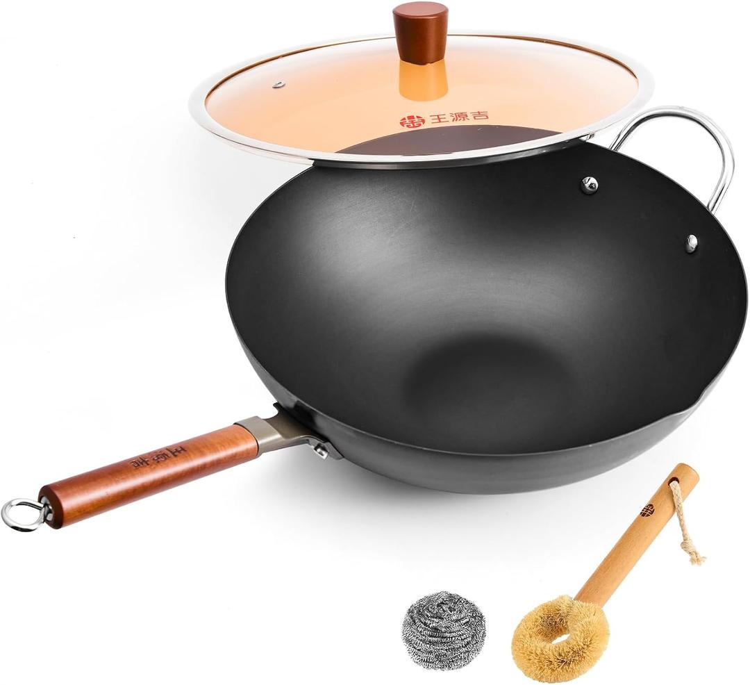 WANGYUANJI 14.2" Extra Large Carbon Steel Wok with Lid, Nitrided Rust-Resistant Stir Fry Pan, Uncoated Flat Bottom Chinese Wok for Induction and Gas Stoves, Heavy Duty (5.7 Qt)