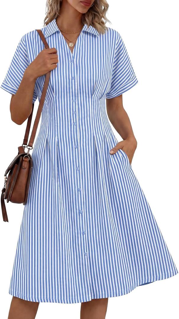 LILLUSORY Women's Striped Button Down Shirt Dress 2026 Spring Summer Short Sleeve Casual Midi Dress Beach Vacation Outfits L