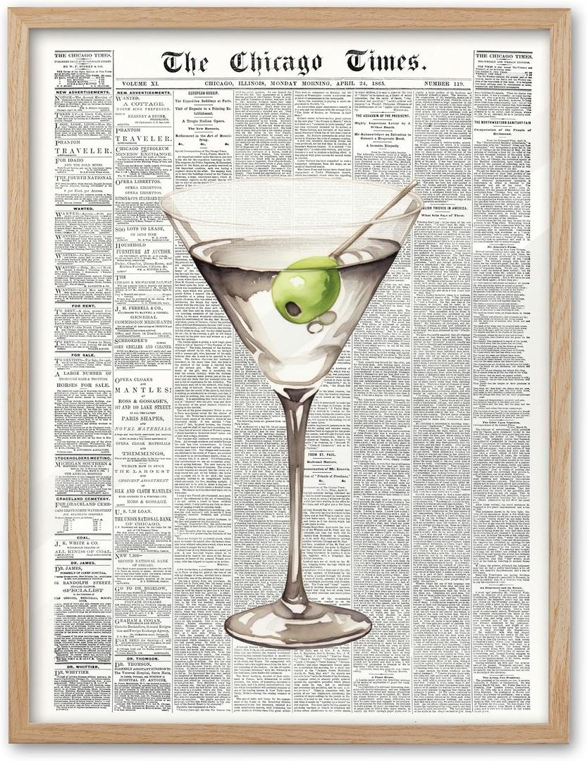 EcoHest Trendy Newspaper Martini Framed Wall Art, 12x16 in OAK Wood Retro Bar Cart Canvas Art, Magazine Aesthetic Apartment Art, Beige Logs Funky 70's Set of 1 for Bedroom Living Room