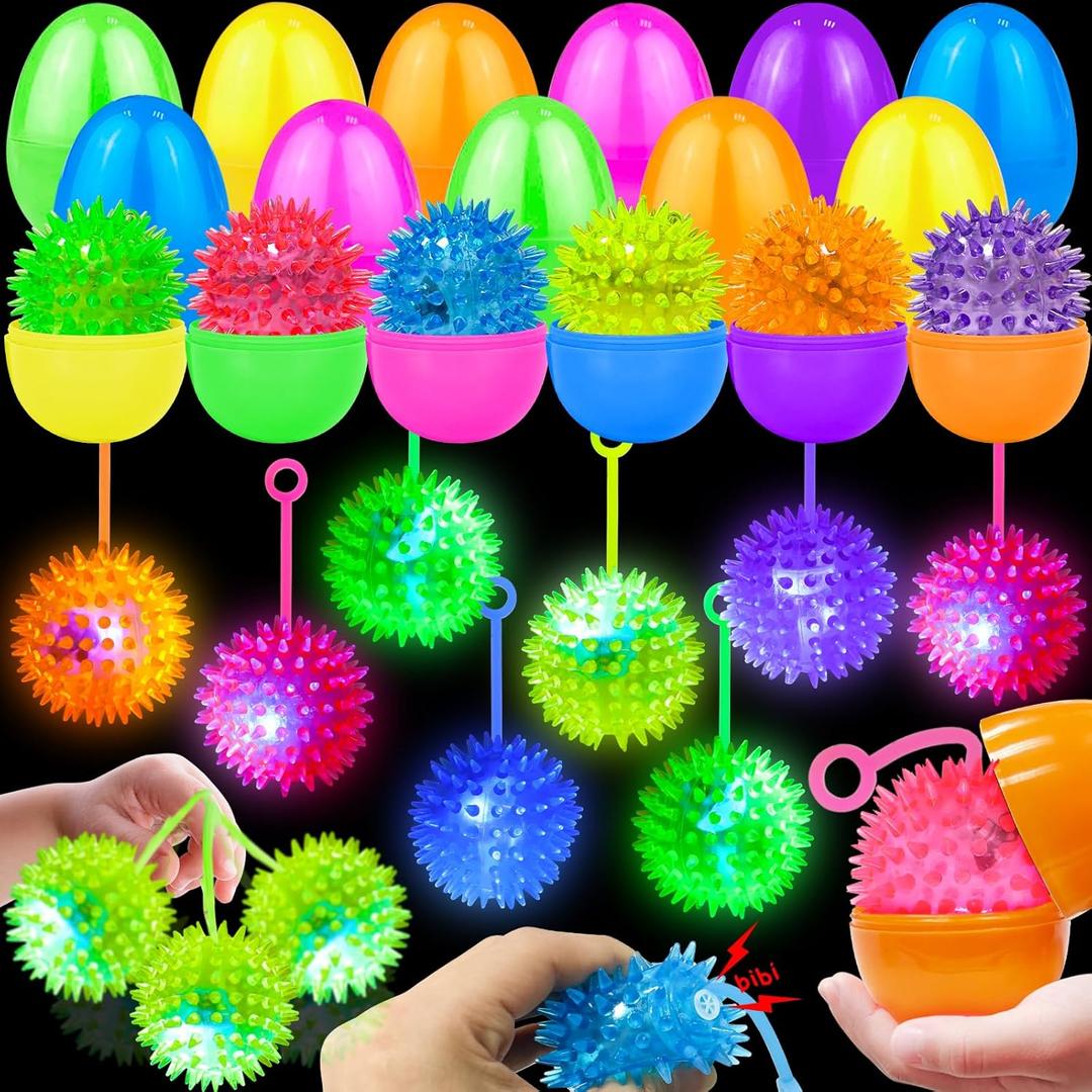 12 Pack 3.5" Easter Eggs Prefilled with Light Up Spiky Balls, Easter Basket Stuffers Essential for Kids LED Flashing Squeaky Sensory Stress Relief Fidget Toys Easter Hunt Fillers Party Favors Gifts