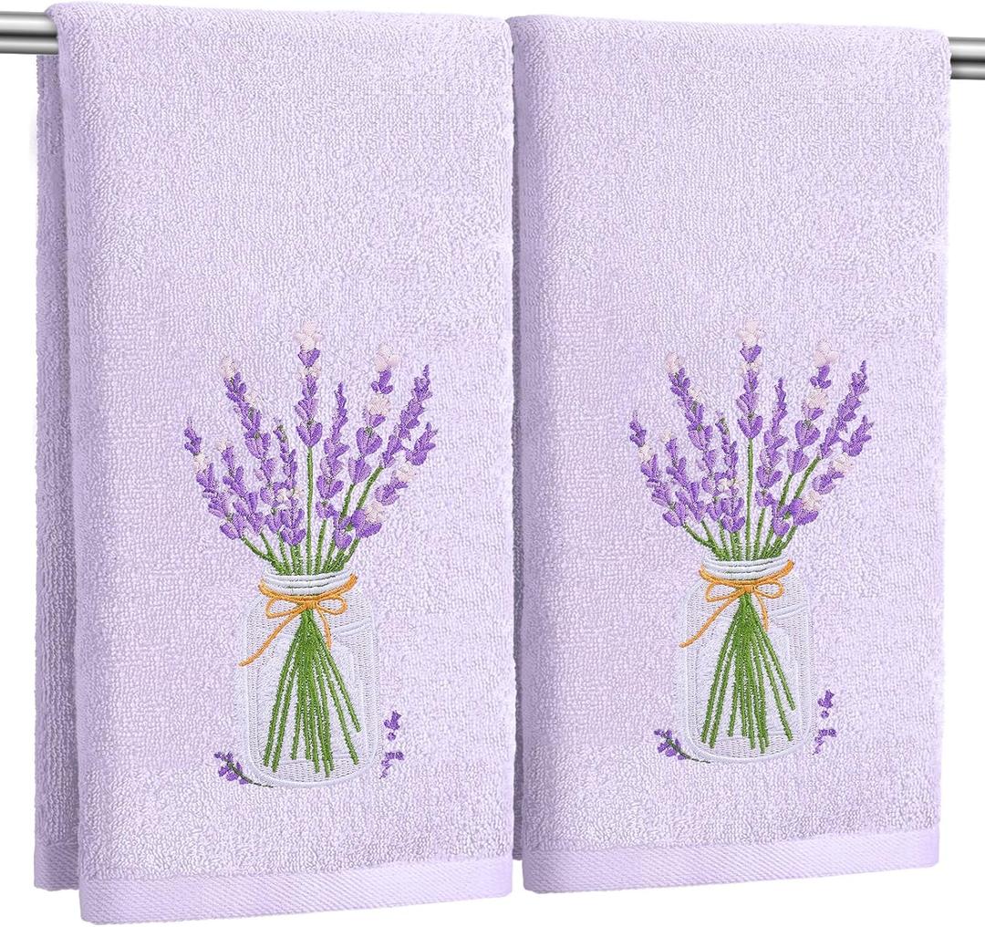 SmoothNovelty 2 Pcs Lavender Hand Towels Purple Bathroom Decor 14x29 Inch Embroidered 100% Cotton Soft Absorbent Spring Summer Decorative Hand Towels for Bathroom Kitchen