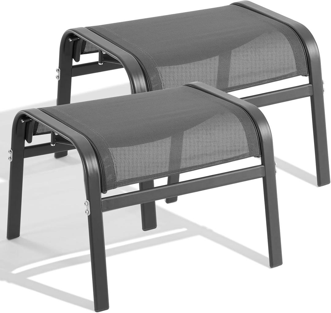 ONBRILL Outdoor Ottoman Set of 2, All Weather Outdoor Foot Stool with Supportive Textliene and Metal Frame, Stackable Oversized Outdoor Foot Rest for Furniture Patio Garden Pool, Grey