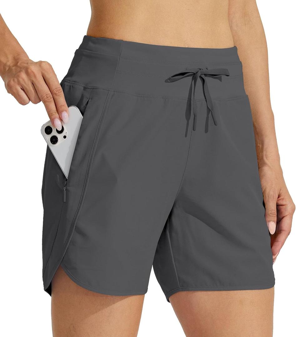 Willit Women's Athletic Running Shorts 5" Quick Dry Workout Hiking High Waisted Active Gym Exercise Zipper Pocket (Dark Grey) S 