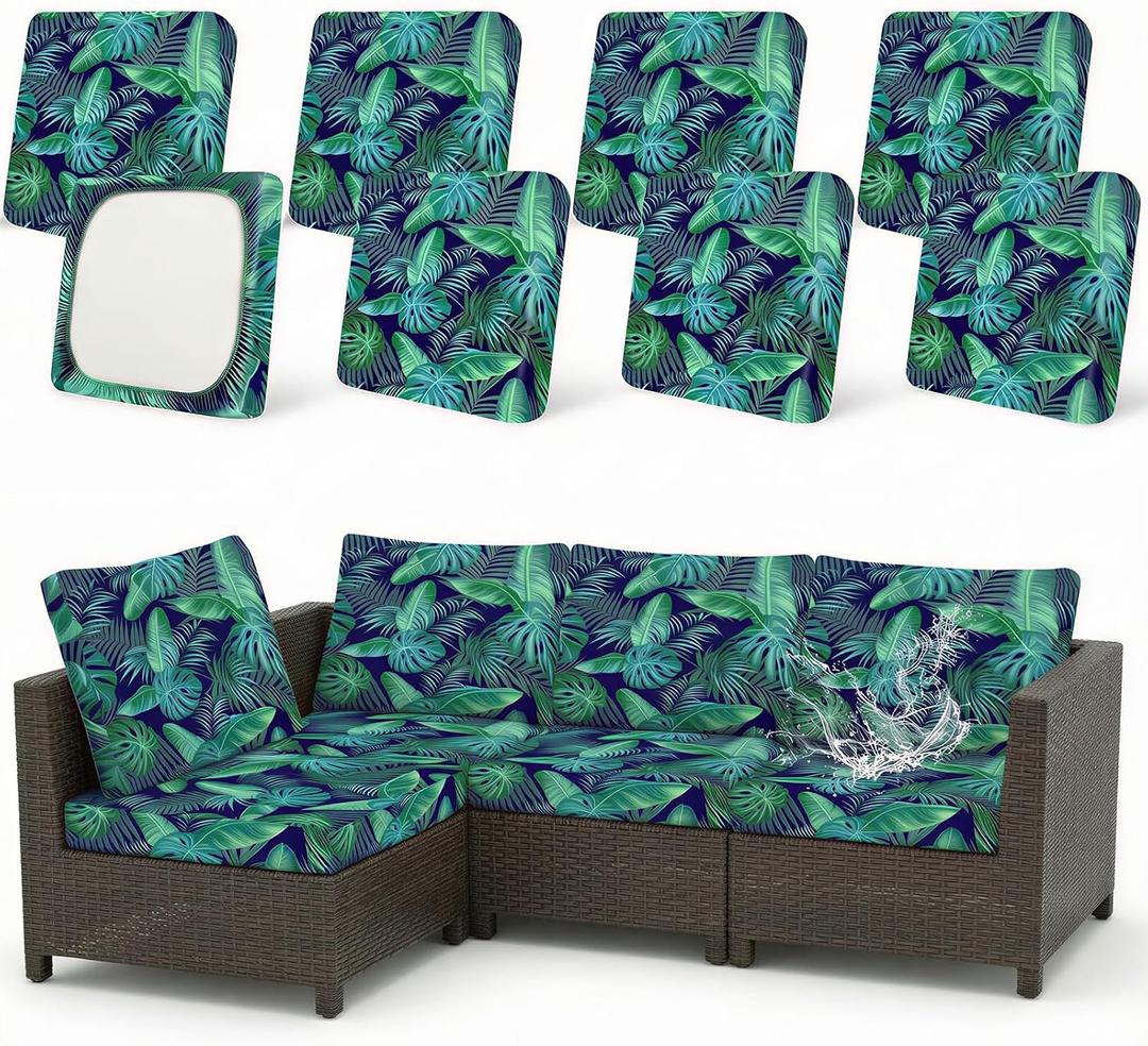 8 Pack Outdoor Cushion Covers Water Resistant High Stretch Fit Patio Cushion Covers 180g Couch Seat Slipcovers Machine Washable Pet & Kids Friendly Home Refresh 20-27 Inch, Palm Leaves