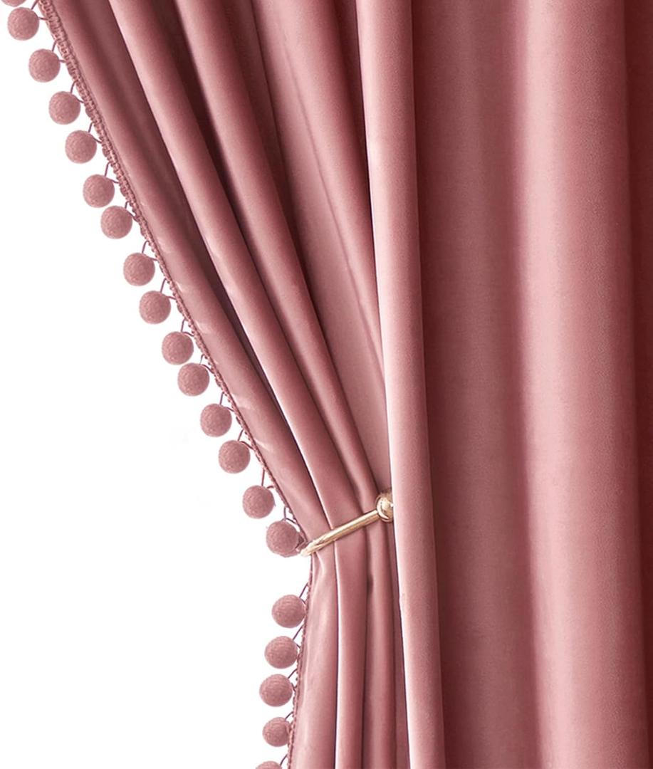 MIULEE Blush Pink Pom Pom Velvet Curtains for Kids Bedroom/Living Room Darkening Thermal Insulating 84 Inches Long Boho Blackout Curtains with Rod Pocket for Girls Room/Nursery/Home Theater Set of 2