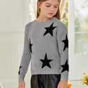 WDIRARA Girl's Star Printed Round Neck Long Sleeve Sweater Casual Drop Shoulder Pullover Knitwear Grey Black 8Y (Gray, S)
