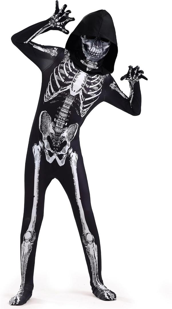 Kids Skeleton Costume  3D Halloween Onesie Jumpsuit for Boys, Girls & Toddlers (6-7 Years, Black & White)