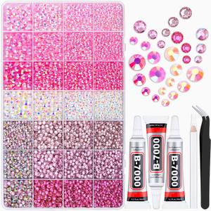 20000Pcs Pink Rhinestones for Bedazzling with B7000 Jewelry Glue, Resin Rhinestones for Crafting Crafts DIY, Bedazzler Kit Gems for Clothing Shoes Tumblers Fabric Nail Art Assorted Size 3/4/5/6mm (X Large Pack + 3Pcs Glue)