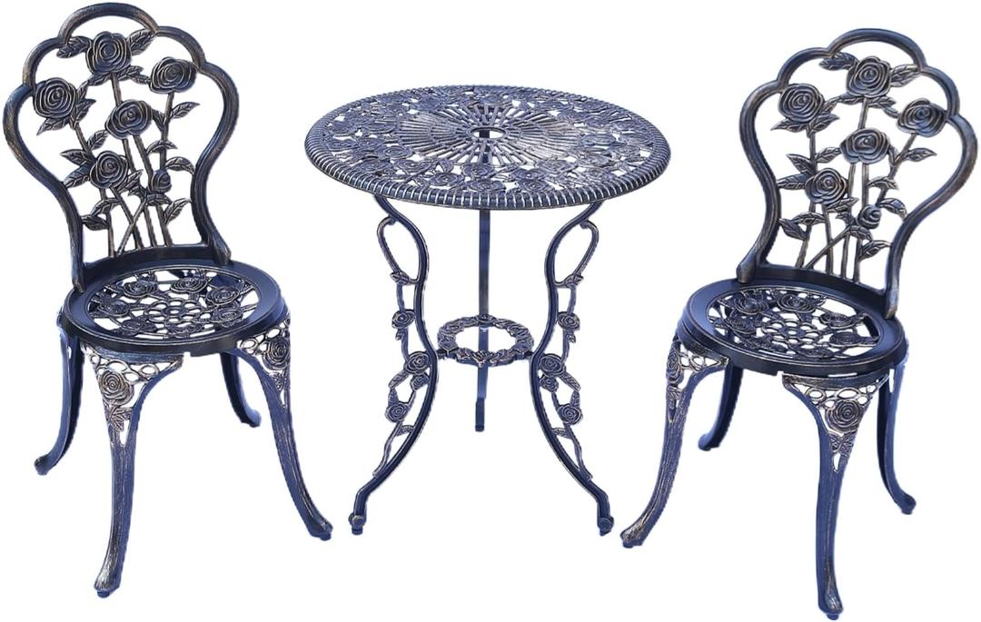KAILI Outdoor Furniture Bistro Set with Rose Pattern 1 Table 2 Chairs for Garden Patio Porch (Rose-Bronzed)