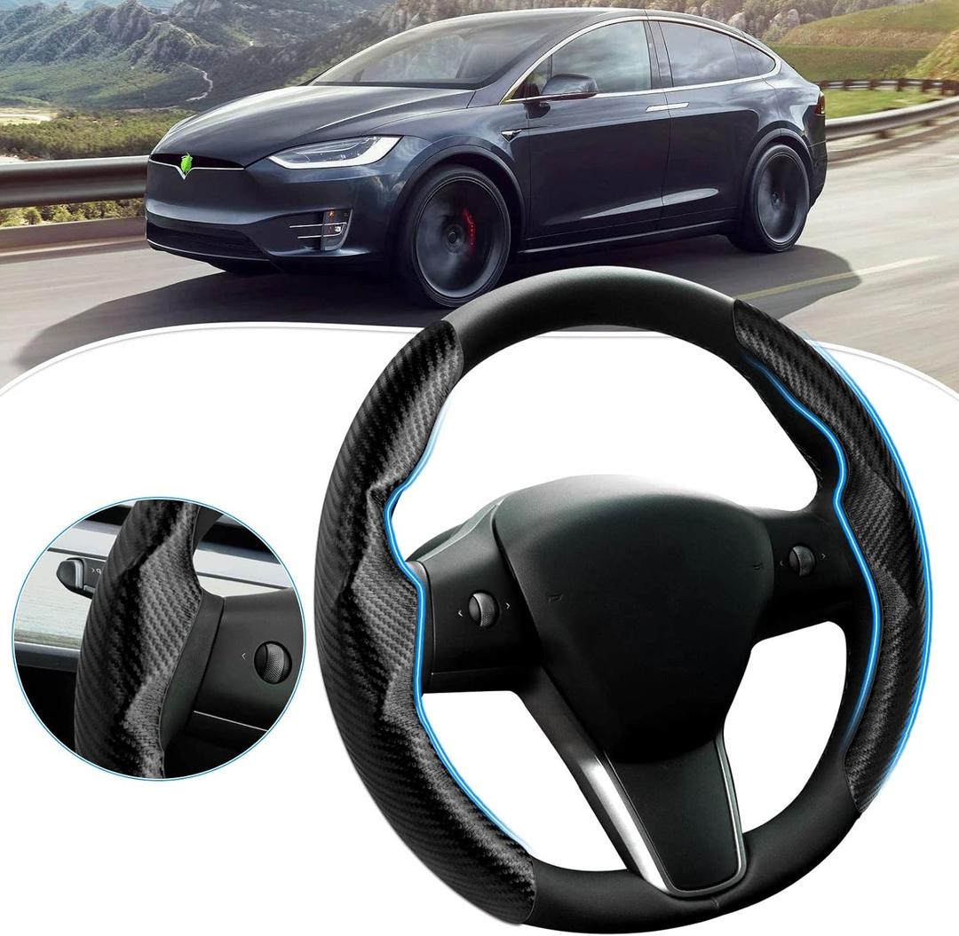 Steering Wheel Cover for Telsa Model 3/Model Y Accessories Carbon Fiber Steering Wheel Cover Protector Anti-Slip, Comfortable Grip, Breathable, Model 3/Y Accessories, Black