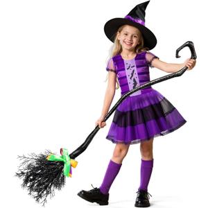 KukuFun Halloween Cute Purple Witch Costume Deluxe Set for Toddler Girls, Bat Outfit Dress with Witch Hat & Magic Broom (S(ages 3-5))