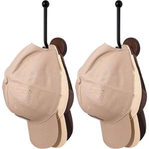 SCUNDA Adhesive Hat Holder Storage Organizer - Wall Mounted & Door Back Hat Rack with Wood Base & Metal Rod for Closet, Cabinet, Wardrobe (Walnut,2-Pack)