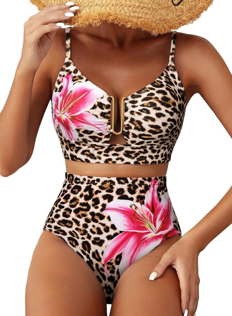 Herseas Womens 2 Piece High Waisted U Wire Bikini Set Floral Print Swimsuit Crisscross Back Bathing Suit Beach Swimwear, XL
