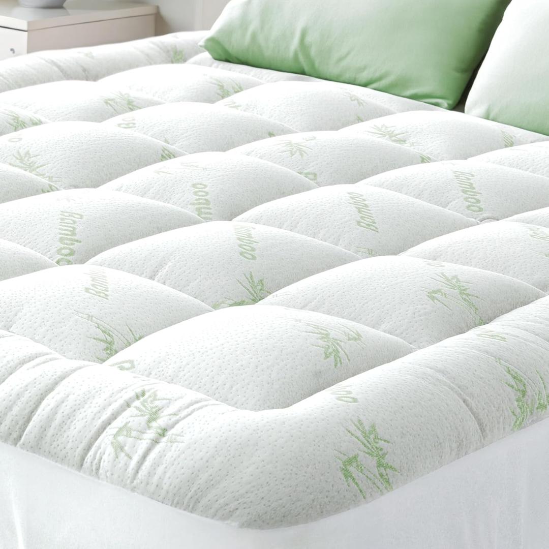 Ultra Soft King Size Mattress Topper - Viscose Made from Bamboo Pillow Top Mattress Pad for Back Pain Relief - Naturally Cooling for Hot Sleepers, Green