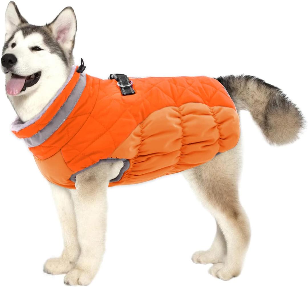 Lelepet Dog Coat Warm Dog Winter Coat Waterproof Dogs Jacket with Harness Built in Reflective Pet Fleece Vest Zip-Up Cold Weather Coats for Small Medium Large Dogs Turtleneck Windproof Blaze Orange 3XL