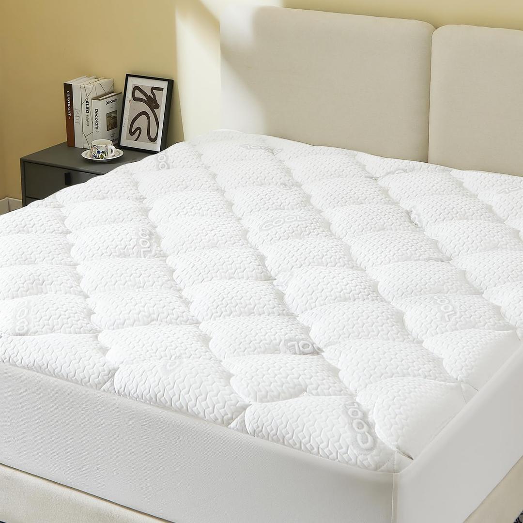 Mattress Topper Full Size, Extra Thick Quilted Fitted Mattress Pad Cover, Cooling Breathable Silk Mattress Protector with Soft Down Alternative Filling (8-21" Deep Pocket) (White)