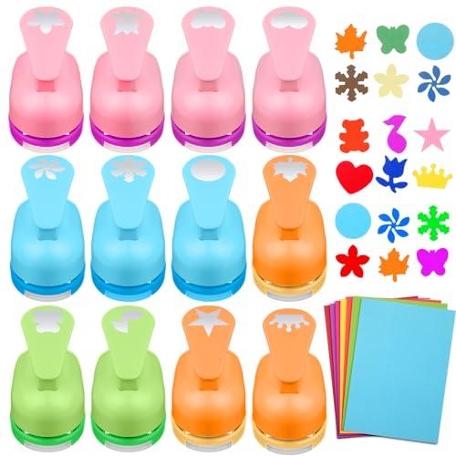 Motipuns 12 Pcs Craft Holes Punch Paper Punchers Scrapbook Punches with Craft Sticker Paper, Round, Maple Leaf, Star, Heart, Bear, Snowflake, Flower, Butterfly Shape, 1 Inch, 12 Shapes