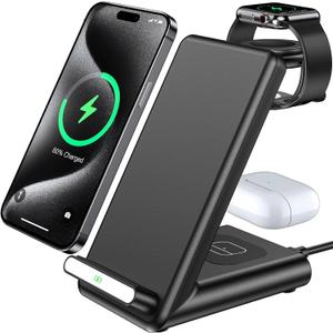 Wireless Charging Station,3 in 1 Wireless Charging Stand Made for Apple Watch Ultra 10 9 8 7 6 SE 5 4 3,Fast Wireless Charger Made for iPhone 16/15/14/13/12/11/X,for AirPods Pro(with Adapter) (Black)