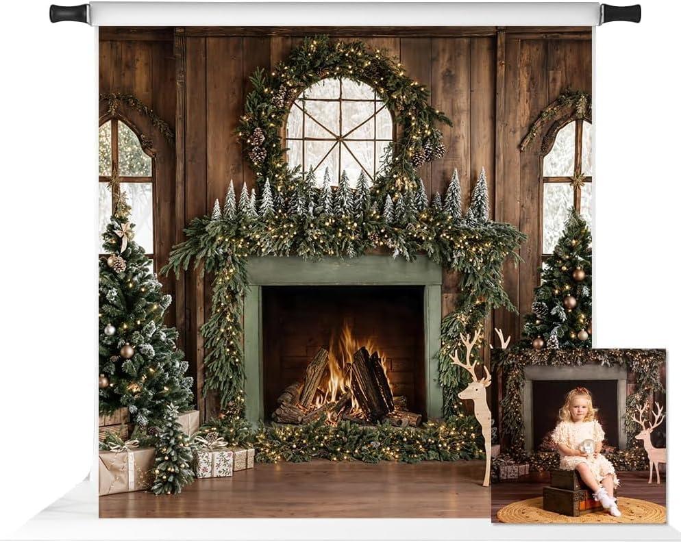 Kate Christmas Tree Wood Fireplace Wreath Deer Backdrop Photo Background Studio Props,8x8ft
