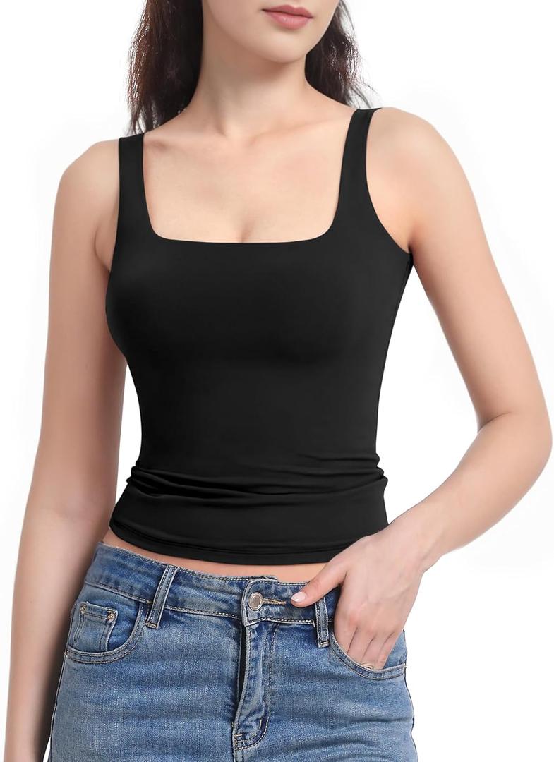 AURUZA Tank Tops for Women, Square Neck Tank Top Double Lined Basic Tops Sleeveless Workout Summer Shirts (X-Small, Black)