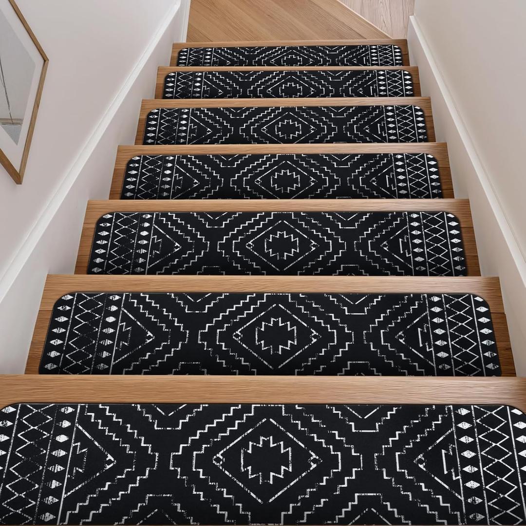OJIA Boho Stair Treads Non-Slip Stair Runners for Wooden Steps Indoor 15PCS 30"x8" Washable Carpet Stair Treads Stair Mats Staircase Step Treads for Kids, Elders and Dogs, Stair Covers, Black