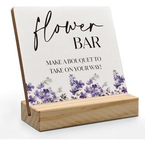 ANlANG Flower Bar Sign, Flower Bar Desk Decor, Bridal Shower Sign Wood Plaque, Wedding flowers, WeddingAccessories for Reception Wooden Plaque Sign for WeddingReception Purple Floral Decor, 4X4 inch