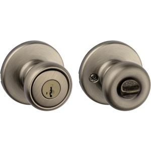Kwikset Tylo Entry Door Knob with Lock and Key, Secure Keyed Handle Exterior, Front Entrance and Bedroom, Antique Brass, Pick Resistant SmartKey Rekey Security and Microban