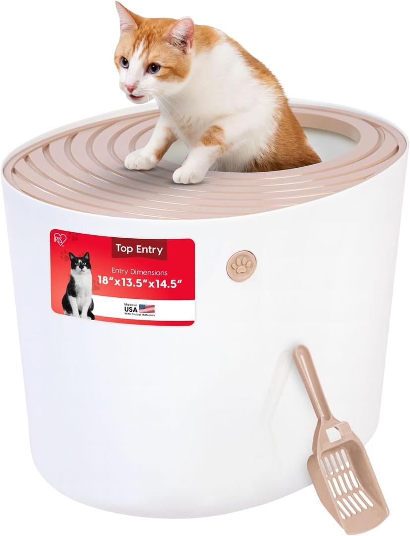 IRIS USA Top Entry Cat Litter Box with Scoop, Stylish Round Cat Litter Box Enclosure, Kitty Litter Box, Beige/White (Large)