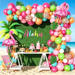 136Pcs Tropical Balloon Arch Garland Kit, Flamingo Luau Balloons of Hot Pink Rose Gold Fruit Green Blue & Palm Leaves for Tropical Party Decorations Hawaiian Aloha Birthday Wedding Decor