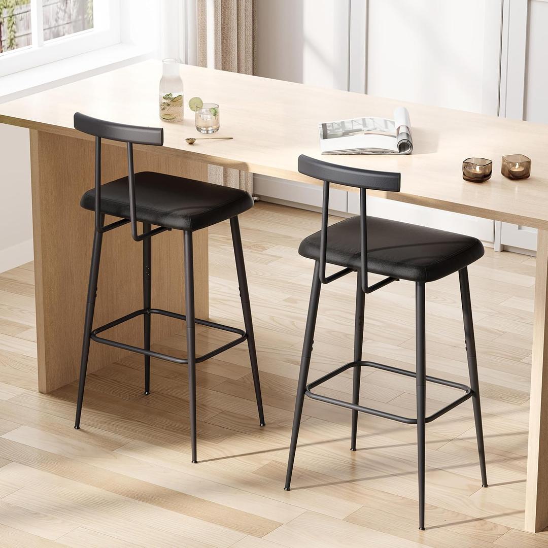Bar Stools Set of 2, Tall Bar Stools with Backrest and Footrest, Counter Height Bar Chairs, Industrial Barstools with PU Leather Cushion, for Kitchen, Dining Room, Bar, Cafe (Black) KBS515B