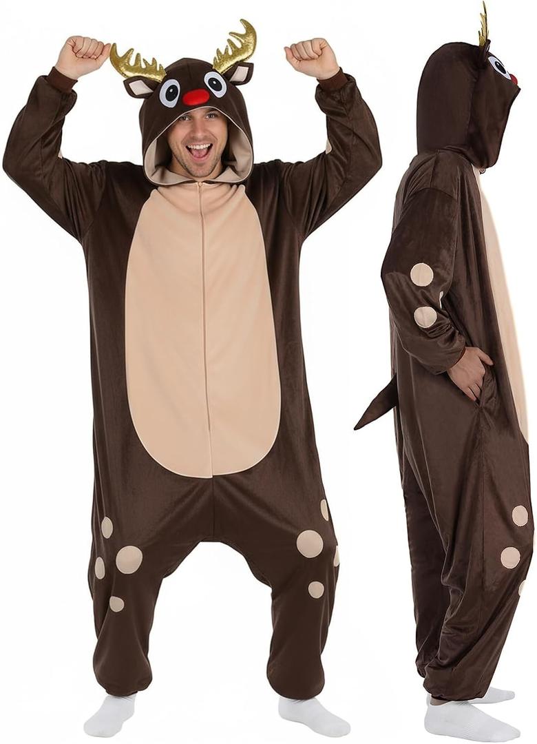 3D Hooded Animal Onesie Costume for Adults - Christmas Xmas Holiday Festival Cosplay One-Piece Pajamas (Medium, Moose/Elk)