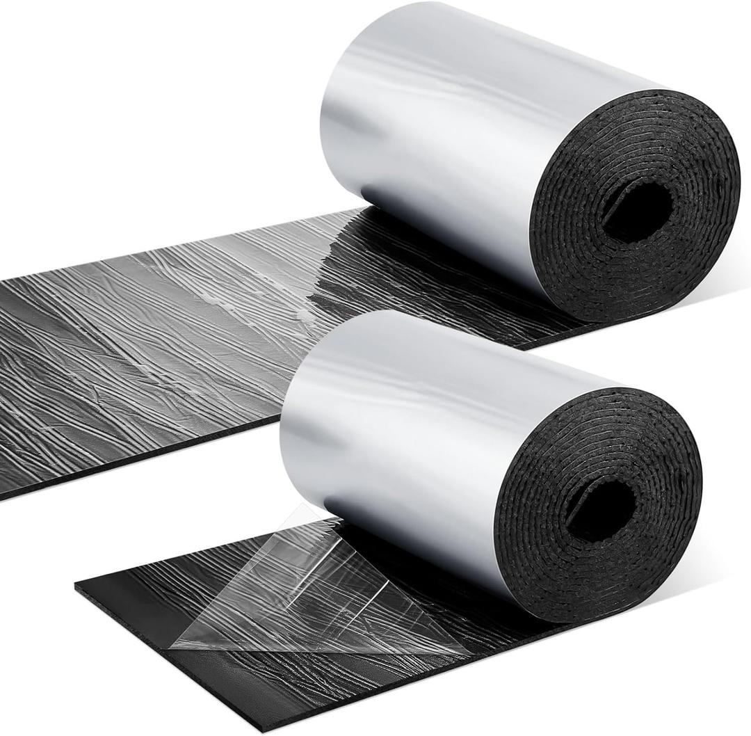 Frienda 2 Rolls 12 x 180 x 1/8 Inch Duct Tape Self Adhesive HVAC Wrap Insulation Thick Aluminum Sliver Pipe Tape Wrap Blanket Foil Heat Radiant Barrier Strong Adhesive for Wall Sound Deadening Pipe