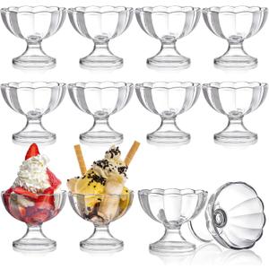 Set of 12 Ice Cream Bowl Set, 8 Ounce Plastic Dessert Bowls, Clear Footed Dessert Cups, Ice Cream Cups Bowls for Sundae, Milkshakes, Parfait, Pudding, Fruit
