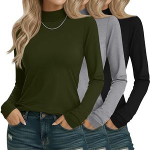 3 Pack Cotton Women's Mock Turtleneck Shirts Long Sleeve Mock Neck Tops Casual Pullover Basic Tees Undershirt (X-Large, Black, Light Gray, Army Green)