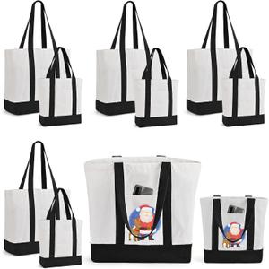 10Pcs Canvas Tote Bag Bulk with Outer Pocket, 12oz Cotton Blank Canvas Tote Bags 19 x 14.6Inch, 13 x 11Inch Reusable Grocery Bags Shopping Cloth Bags for Women, Black (5 Set Large & Medium)