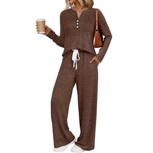 LILLUSORY Womens 2 Piece Lounge Sets Matching Airport Travel Outfits 2026 Spring Clothing Fall Pajamas Sweat Suits Pockets Chocolate Brown 2XL