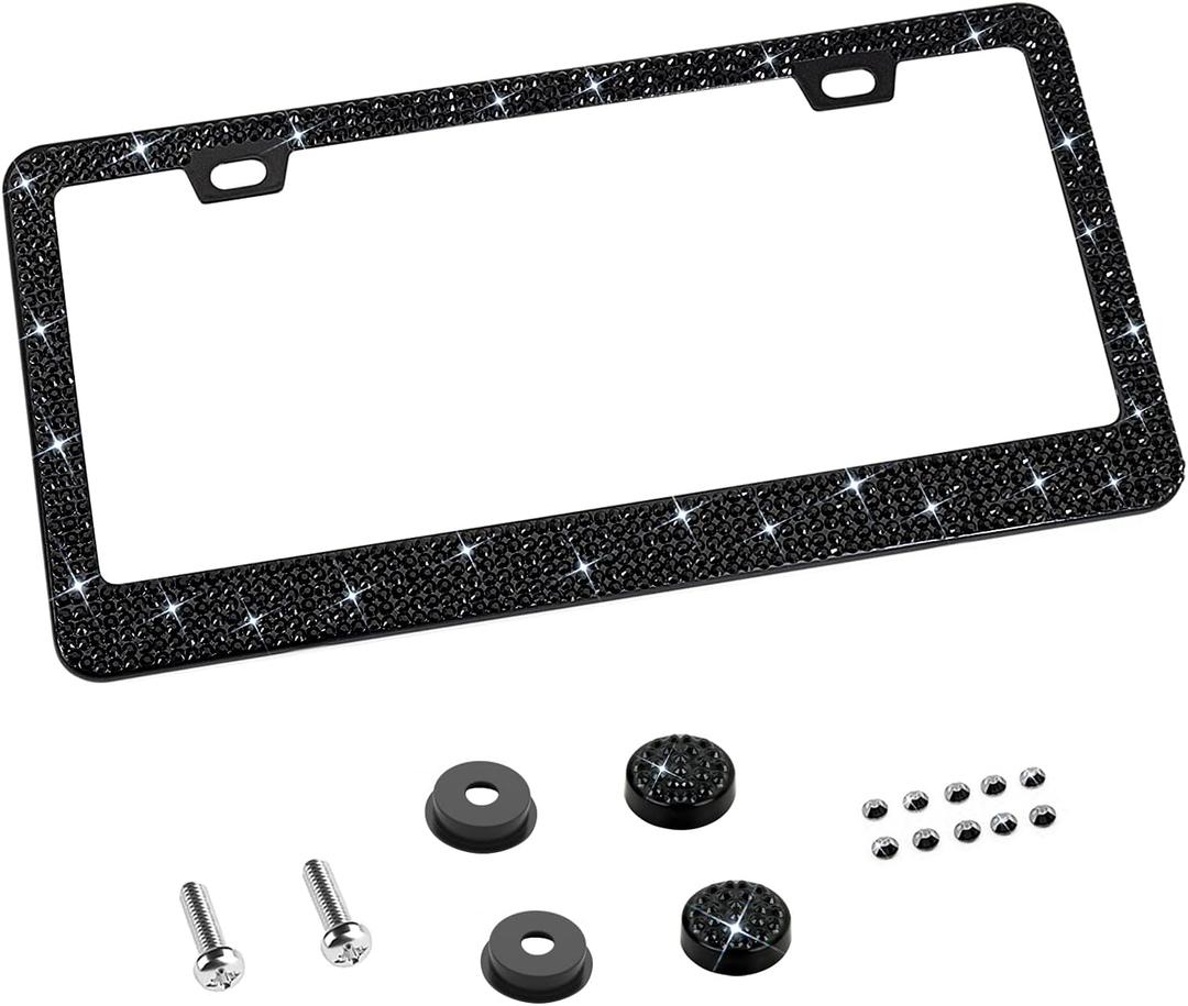 XCLPF Bling License Plate Frame for Women, 1PCS Sparkly Stainless Steel License Plate Frames| Over 1200 pcs 14 Facets Bedazzled Clear Glass Diamond Rhinestone Crystals w/Free Glitter Diamond Black