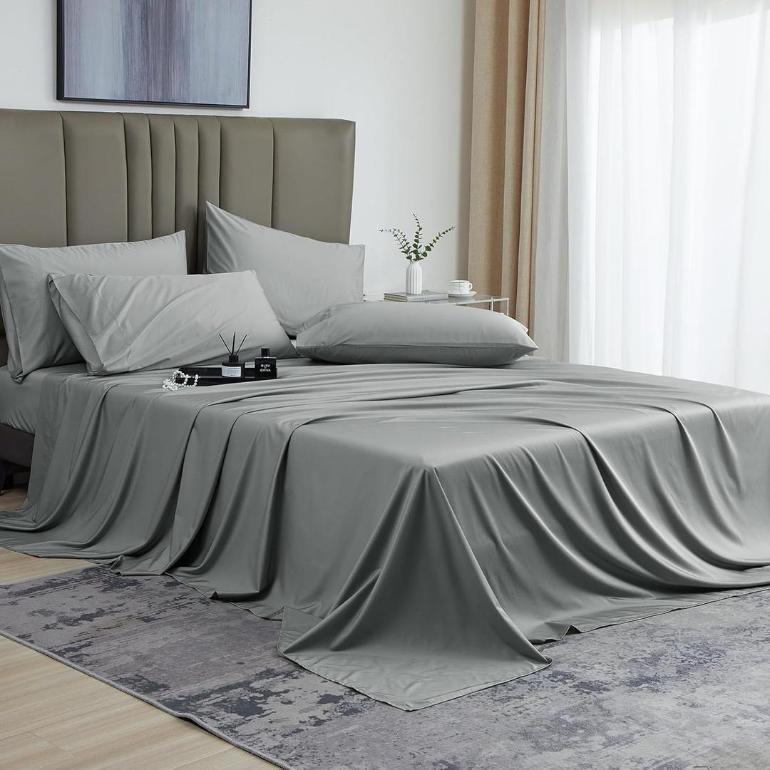 David's Home 4PCS Cooling Sheets Set Twin Size, 100% Rayon Derived from Bamboo, 16" Deep Pocket 2.5cm Wider Elastic, Luxury Silky Breathable for Hot Sleeper,Breathable Smooth Soft, Grey