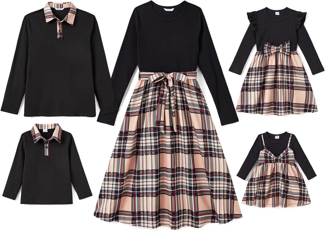 PATPAT Family Matching Outfits Mommy and Me Dresses Matching Set Long Sleeve Plaid Midi Dress and Casual Button Down Shirts (Black, XL)