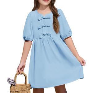 Yousify Teens Casual Dresses Short Sleeve Shirt Sundresses Elegant Bow tie Mini Dress Trendy Cut Blouse Dress Blue 150