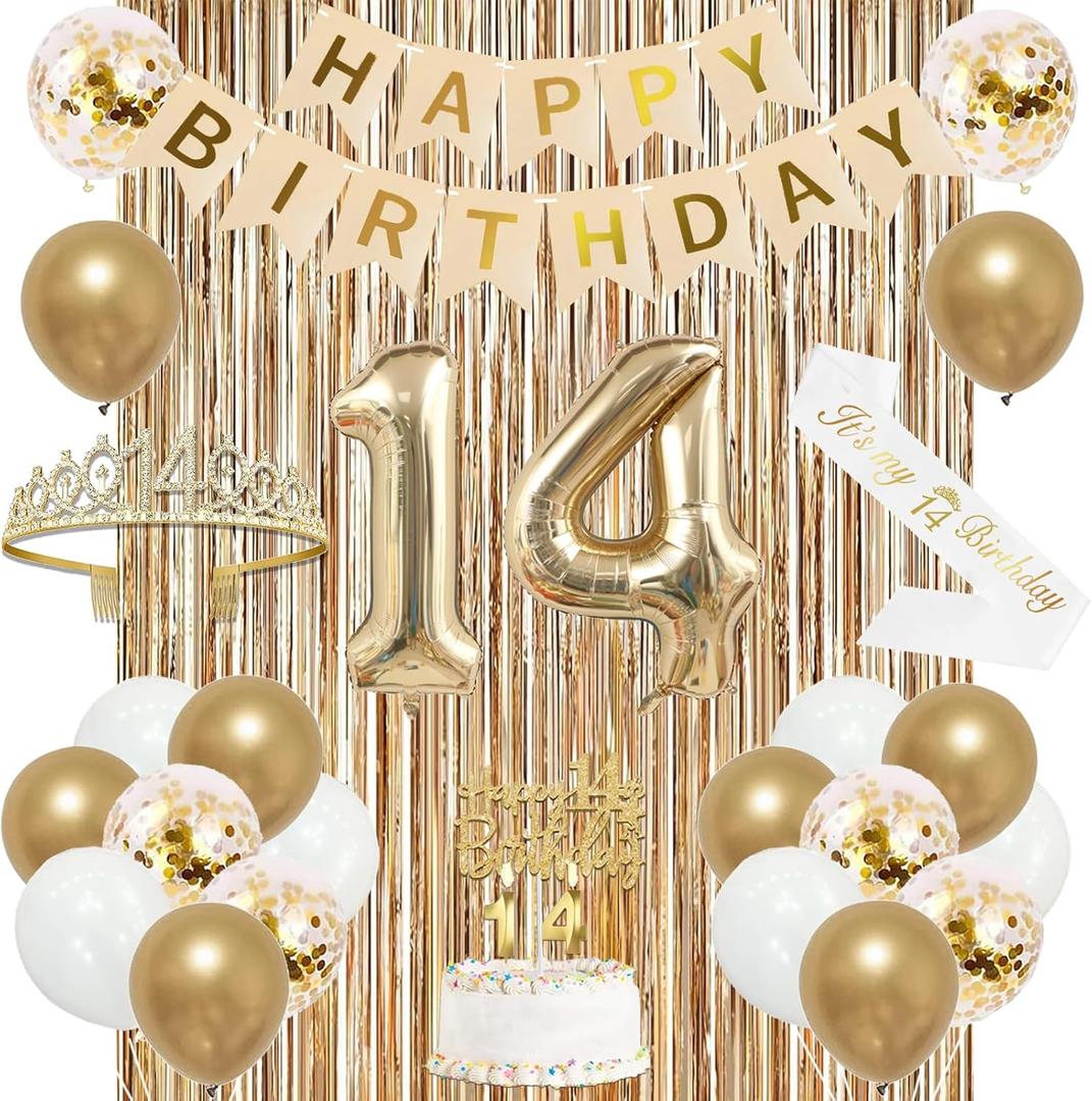 Trgowaul 14th Birthday Decorations for Girls, Banner, Sash and Crown, Cake Topper, 14 Number Balloon, Fringe Curtains, Champagne Gold 14th Birthday Party Supplies